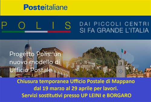 POSTE ITALIANE - PROGETTO POLIS 
CHIUSURA TEMPORANEA UFFICIO POSTALE DAL 19 marzo al 29 aprile 2024