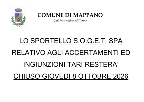 Chiusura dello sportello della SOGET per la TARI