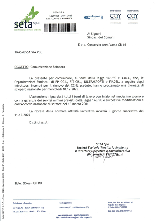 Comunicazione sciopero Seta