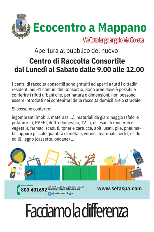 Ecocentro a Mappano - Centro di Raccolta Consortile
dal Lunedì al Sabato dalle 9.00 alle 12.00
Via Cottolengo angolo Via Goretta